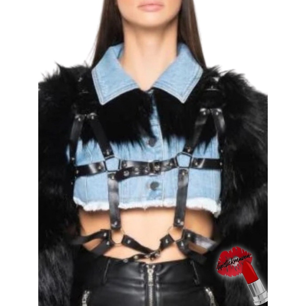 Akira Denim Faux Fur‎ Harness Jacket Women Small Rocker Goth Edgy Cropped